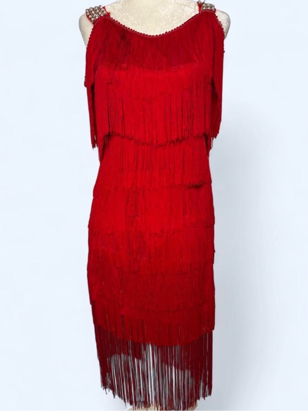Vintage 90s Cheryl Creation Rhinestone Red Costume Fringe Dress XL